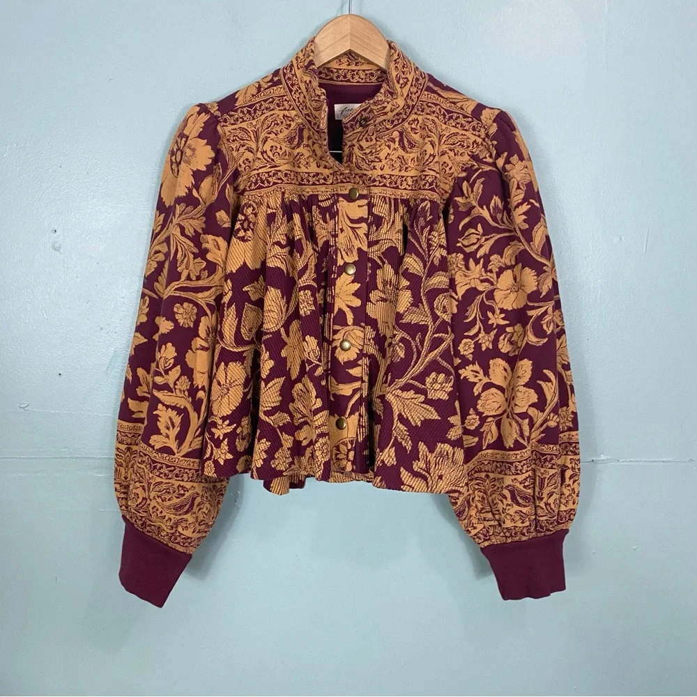 Free People‎ Emma Cardi Cardigan Floral Bird Puff Sleeve Medium Tan Purple